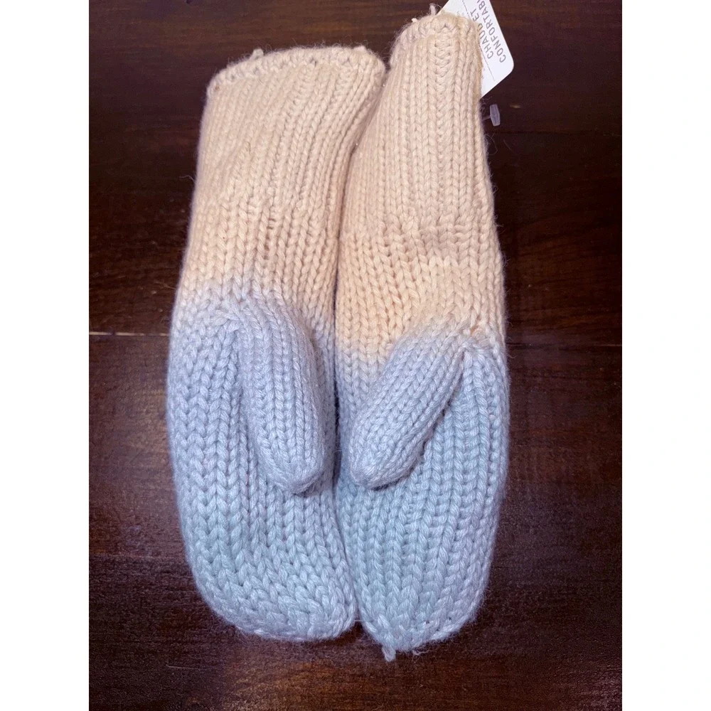 Lemon Cozy & Warm Women Ombre Knit‎ Mittens Beige Blue Faux Shearling Lined NWT
